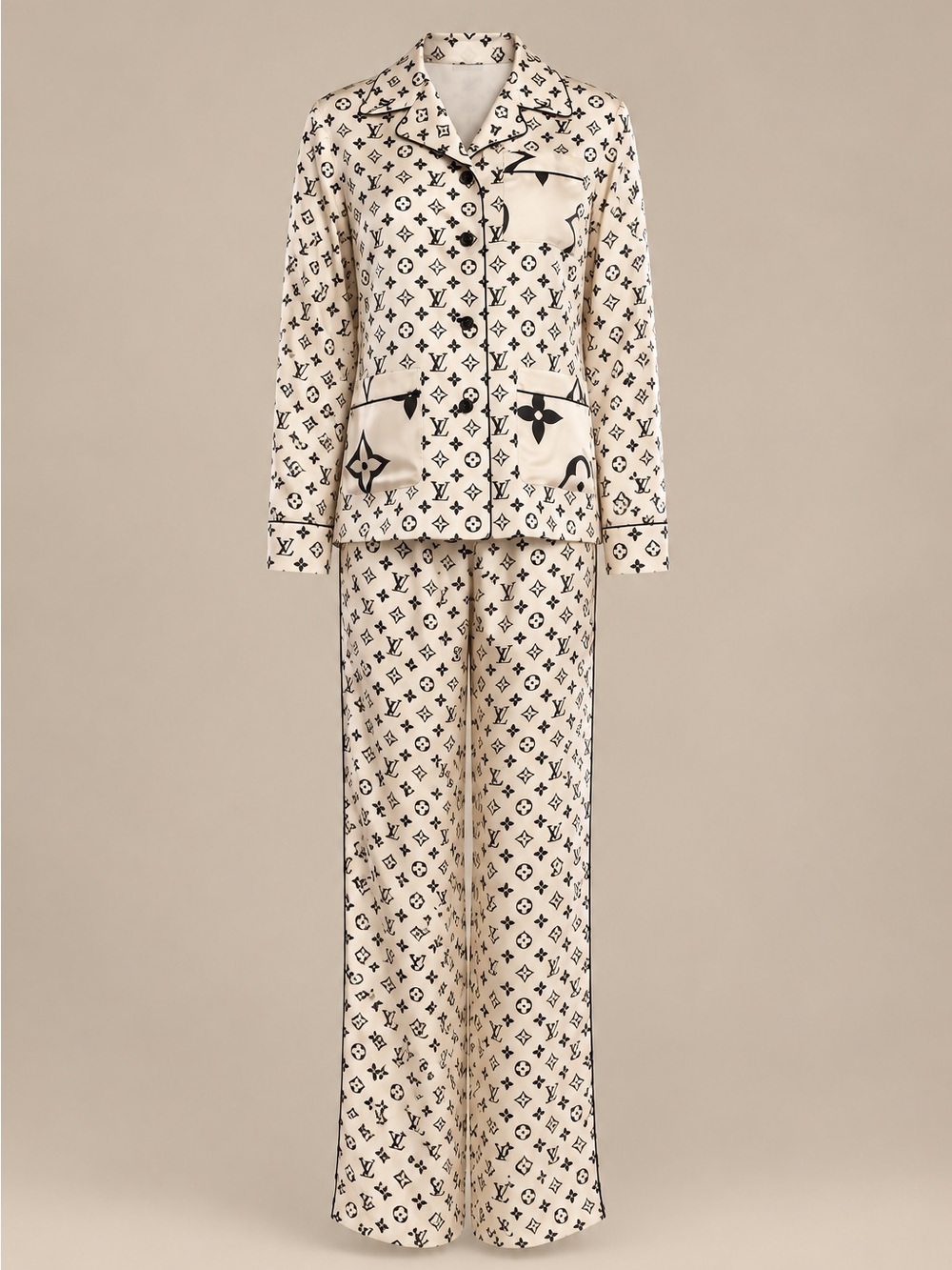 Louis Vuitton Cream and Black Monogram Wide-Leg Track Pants and Jacket Set